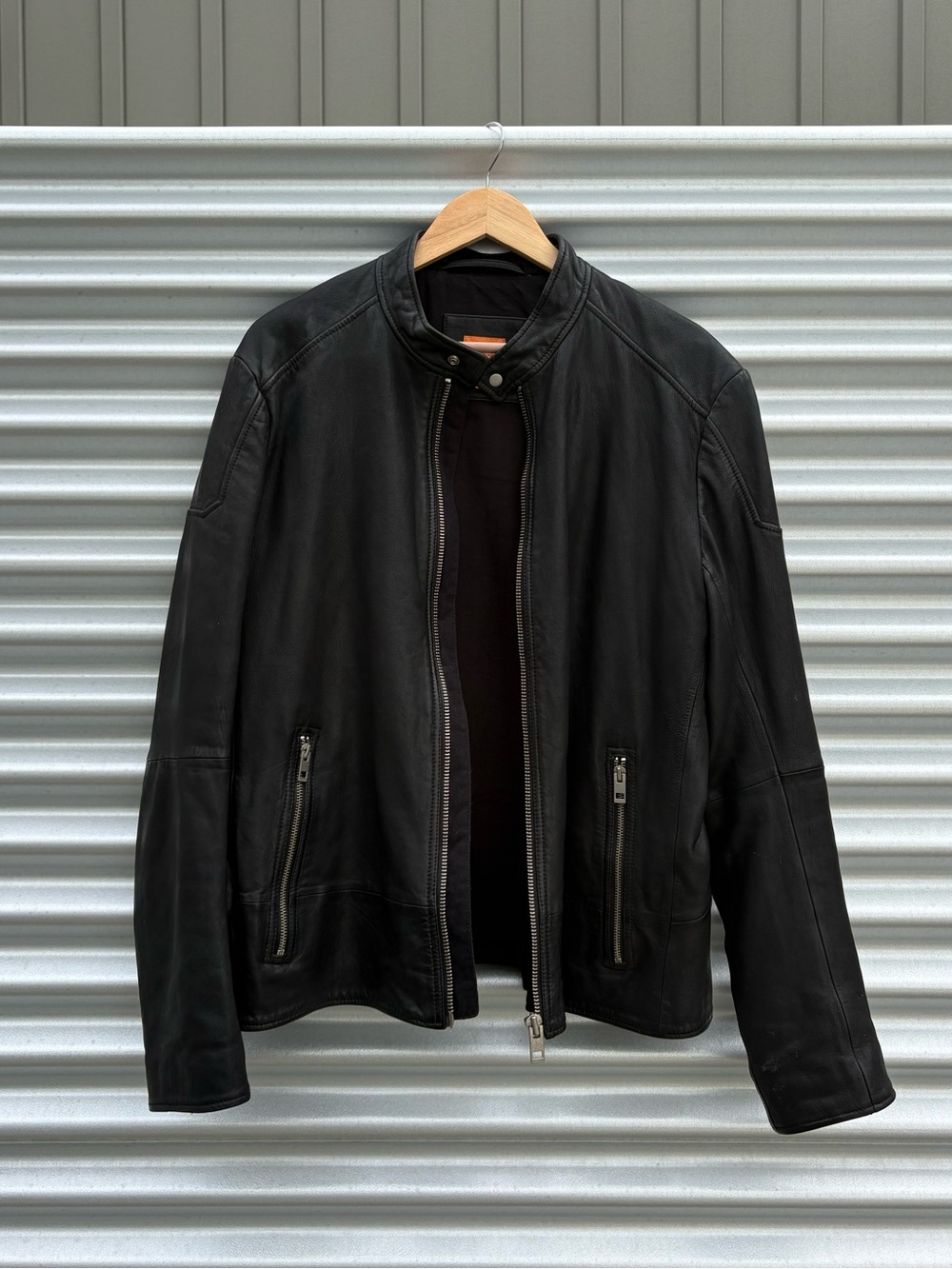 BOSS ORANGE Men's Black Leather Moto Jacket